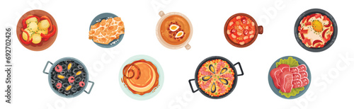 Spanish Dish and Food of Mediterranean Cuisine Vector Set