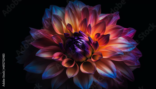Vibrant petals of a single dahlia bloom on black background generated by AI