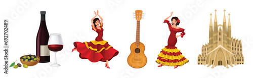 Spanish Traditional Symbols and Objects with Woman Dance Flamenco, Guitar, Wine and Cathedral Vector Set