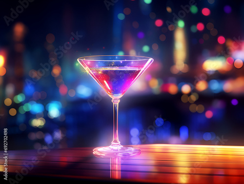 Delicious cocktail in a martini glass on bar table, blurry colorful background with lights