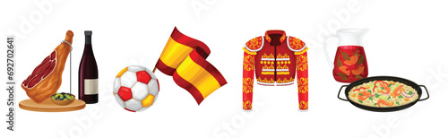 Spanish Traditional Symbols and Objects with Jamon, Football Flag, Bullfighter Jacket and Paella Vector Set
