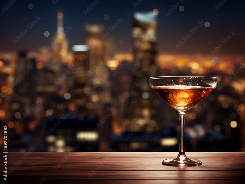 Boozy and cold Manhattan cocktail on a table with blurry city view background 