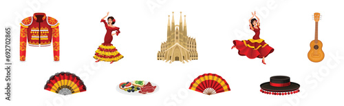Spanish Traditional Symbols and Objects with Woman Dance Flamenco, Guitar, Hat and Cathedral Vector Set