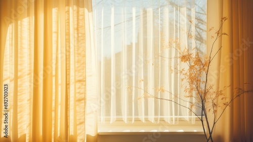 Sunlight shines into the room through the curtains on the window.