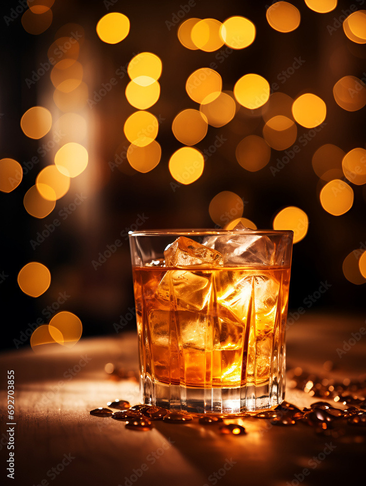 Old fashioned cocktail on ice garnished with orange slice, on wooden table with blurry lights in background  