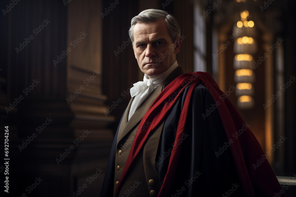 Naklejka premium Heroic neo-classical portrait of a statesman, dramatic side lighting, regal pose with a backdrop of draped flags