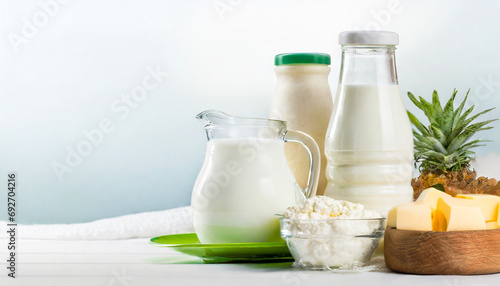 assorted dairy products on wooden table, natural lighting. Caption space. 