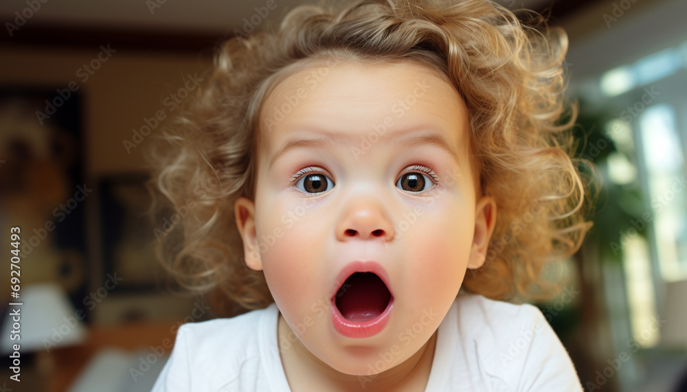 Cute Caucasian baby smiling, looking at camera generated by AI Cute Caucasian baby smiling, looking at camera generated by AI