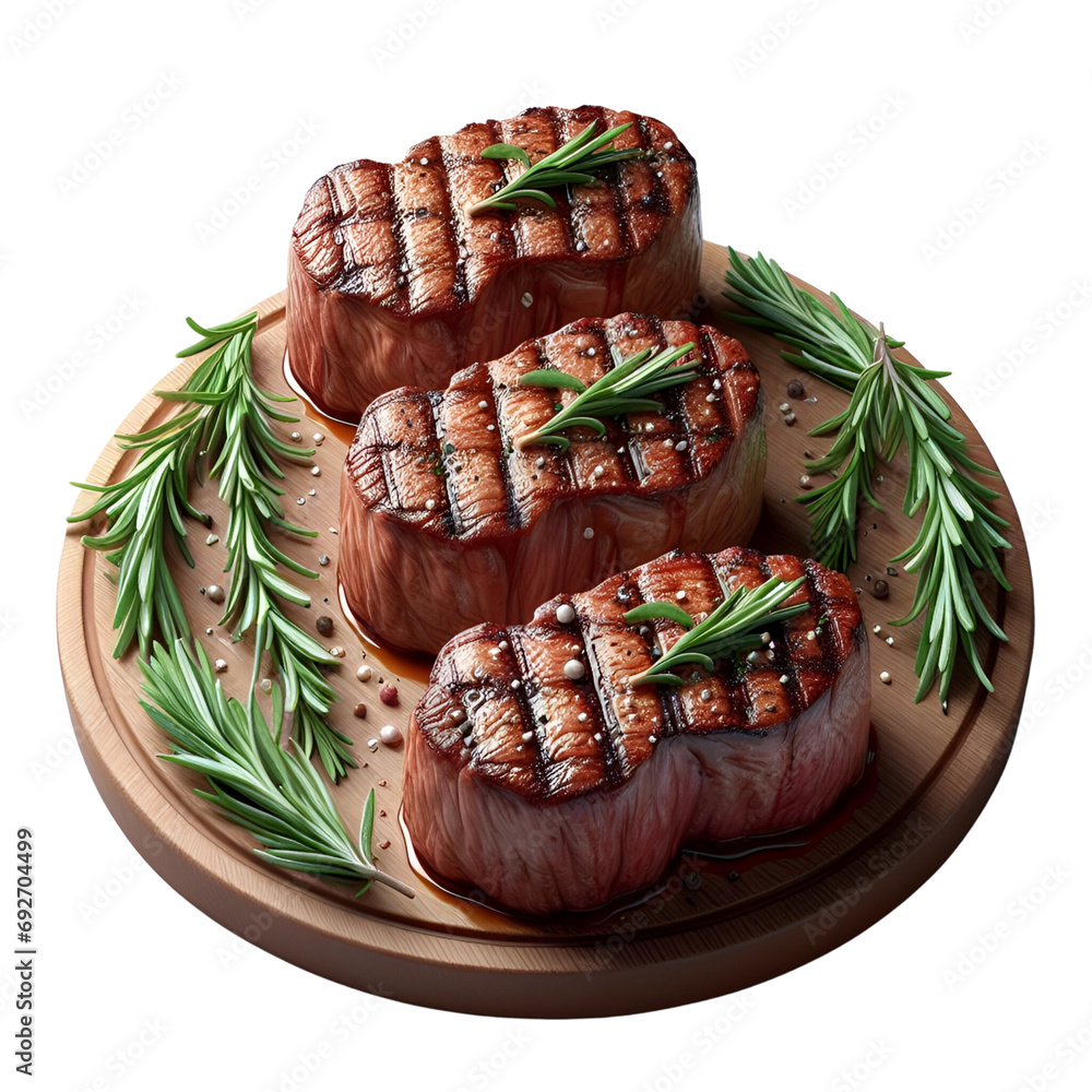 trois steaks identiques garnis de romarin. Les steaks doivent être
