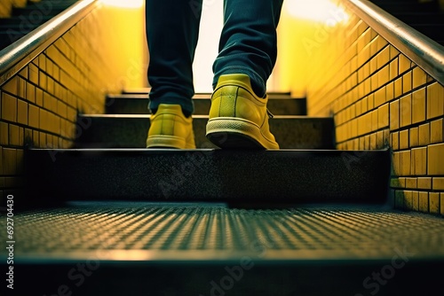 underground staircase yellow bright jogging while shoes man's shot close sneaker walking stair closeup footwear sole foot step shoe upstairs forward person walker shoelace clothes exercise leg photo