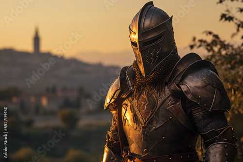 Iconographic portrait of a noble warrior, medieval armor, stoic and proud, castle ramparts in the distance photo