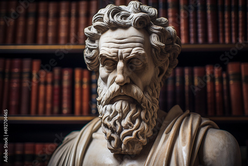 Iconographic portrait of a revered philosopher, marble bust, stoic expression, classical library backdrop photo