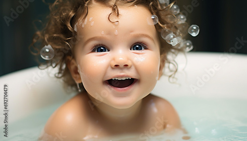Cute baby girl smiling in bathtub  enjoying cleanliness generated by AI