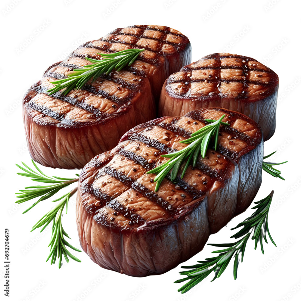 trois steaks identiques garnis de romarin. Les steaks doivent être