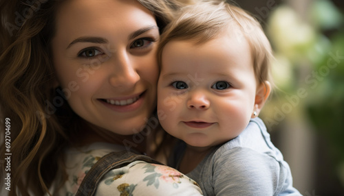 Smiling mother embraces cute baby, radiating love generated by AI