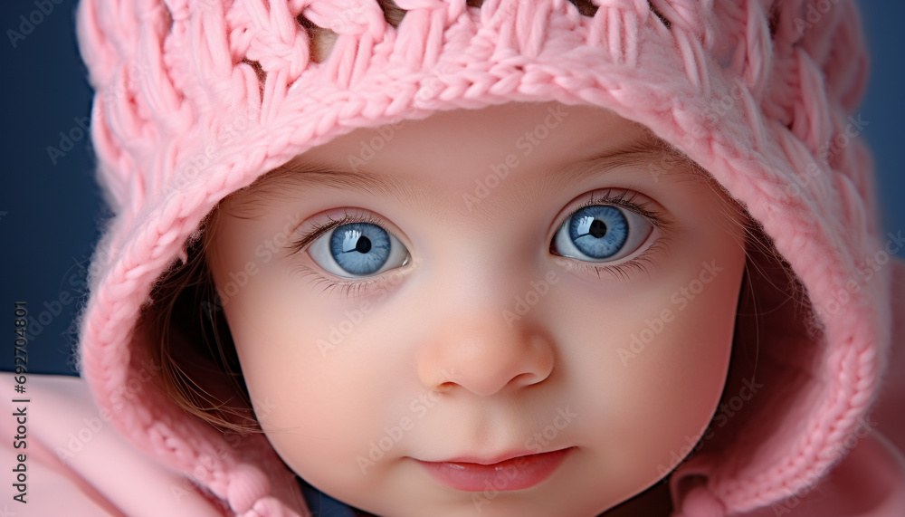 Smiling baby girl in pink hat playing in snow generated by AI Smiling baby girl in pink hat playing in snow generated by AI