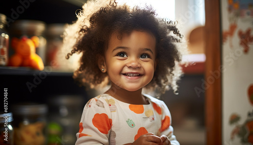 Smiling child in cheerful kitchen, looking at camera generated by AI
