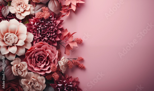 Flowers composition. Pink and red flowers on pink background. Flat lay, top view, copy space © VikaEmerson