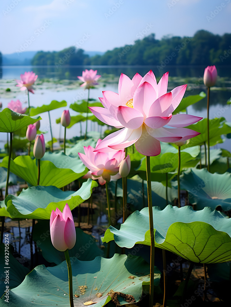 Beautiful pink Lotus flowers floating on blue water outdoors, blurry background