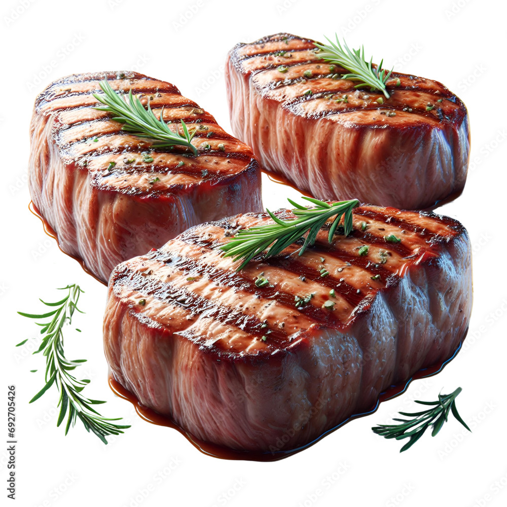 trois steaks identiques garnis de romarin. Les steaks doivent être