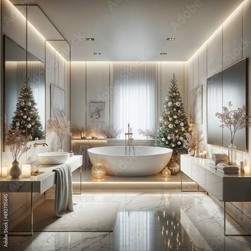 A festive indoor bathroom with a christmas tree and elegant wall decorations surrounding a luxurious tub and sinks  all illuminated by natural light pouring in from a window above