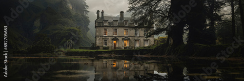 Lake Scene with Period Mansion House. Atmospheric Rural Scene with Melancholic Autumn Mood. Generative AI. photo