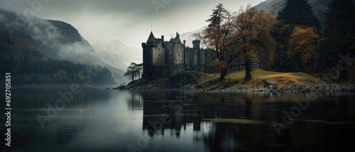 Misty Castle Scene with Lake and Autumn Trees. Cold, Atmospheric, Rural Background. Generative AI. photo