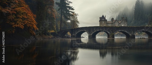 River Scene with Stone Bridge and Old Manor House. Creepy, Atmospheric, Melancholy Style. Generative AI. photo