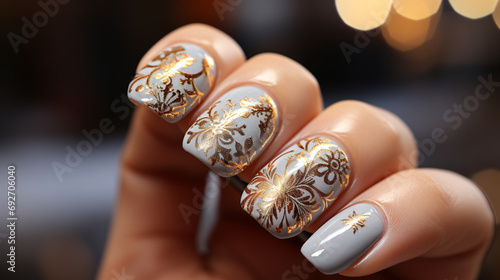 Generative AI. Elegant nails with golden floral designs
