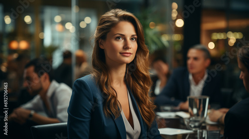 Beautiful businesswoman leader in boardroom effectively communicating her ideas during presentation, AI Generated © Shining Pro
