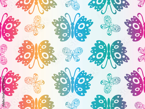 Vector seamless colorful gradient geometric pattern with doodle butterflies on the transparent background photo