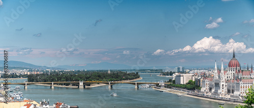 Panoramic view on Hungarian parliament and river Dunai photo