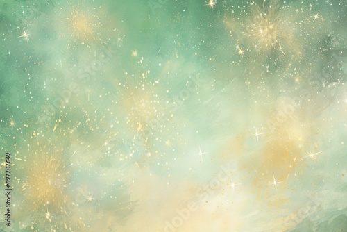 Small fantasy spring sparklers in gold, yellow over a pale green artistic background with bokeh. Tiny golden explosions celebrating the coming spring. Banner, card. photo
