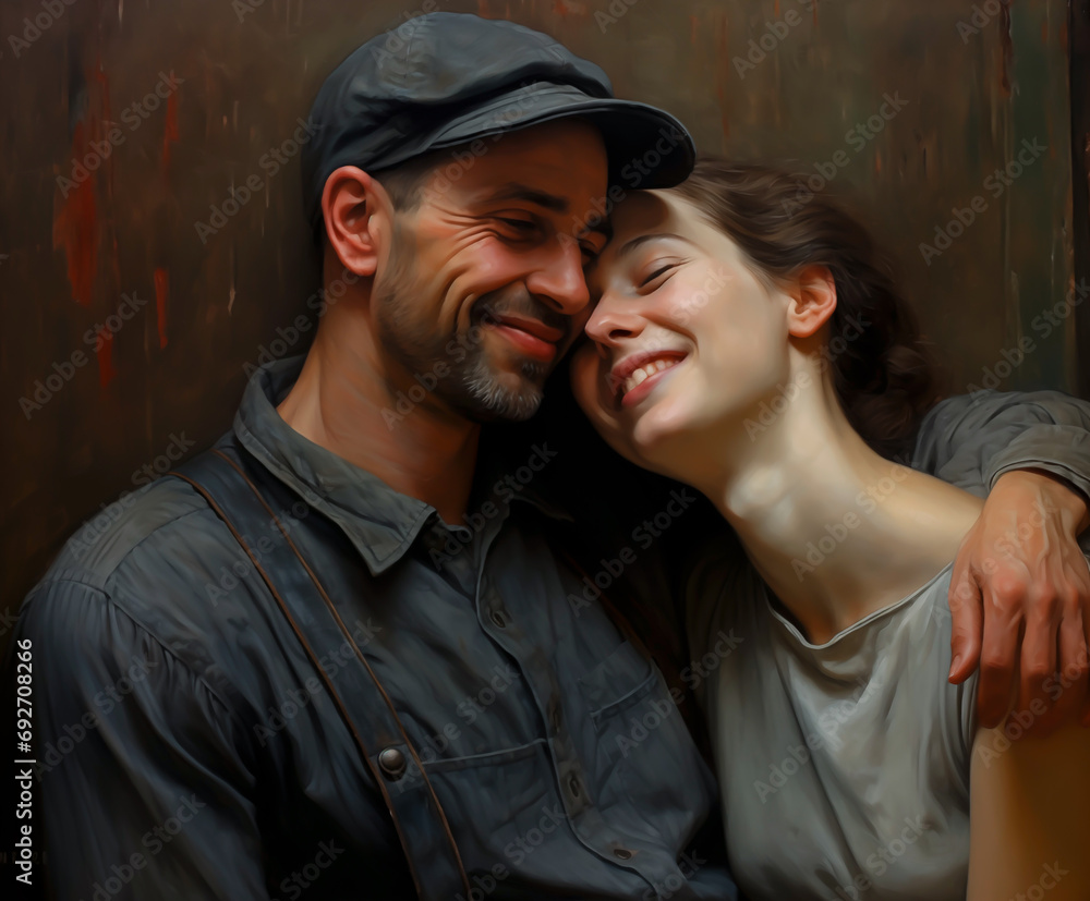 Painted couple in embrace, affectionate and content.

