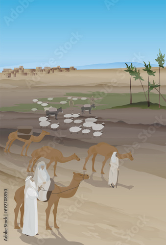 Biblical vector illustration. Genesis 12:4-6.So Abram went, as the Lord had told him; and Lot went with him. Abram was seventy-five years old when he set out from Harran. 