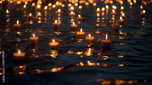 Burning candles on water background.