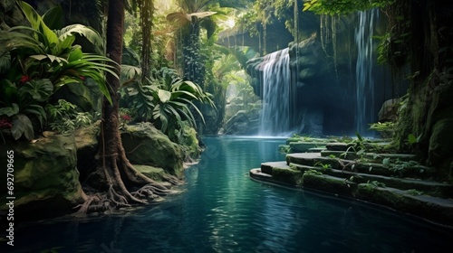 Crystal-clear waterfall descending into a pool surrounded by lush greenery