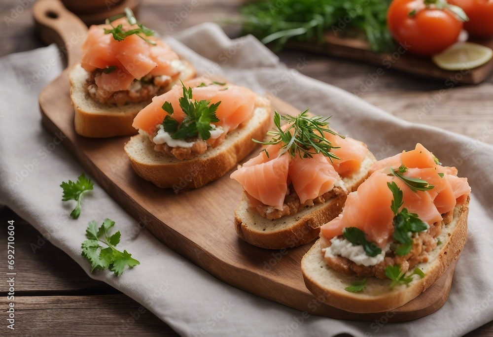 Sandwiches with salmon pate and baguette fish bruschetta top view Rustic homemade Italian cuisine Sandwiches with salmon pate and baguette fish bruschetta top view Rustic homemade Italian cuisine