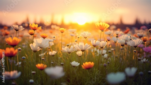 Cosmos flower in the field at sunset time. Nature background. Generative AI