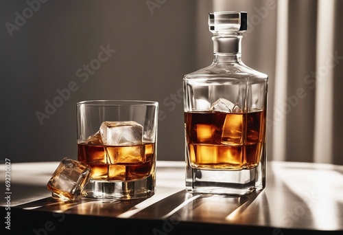 Whiskey with ice in glasses and bottle white background with hard light shadows and sun glare copy