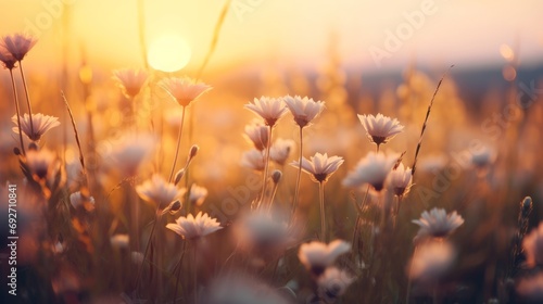 Beautiful meadow with daisies at sunset. Nature background Generative AI photo
