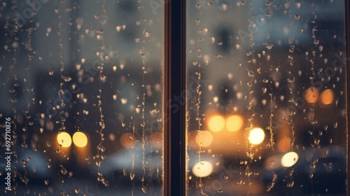 Snow is falling outside the window in the evening.