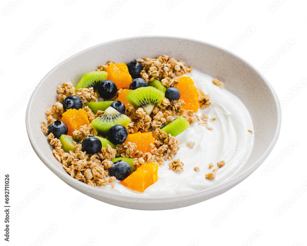 Yogurt with Granola, Kiwi, Blueberries, and Orange in a Bowl, Healthy Snack or Breakfast, White Background