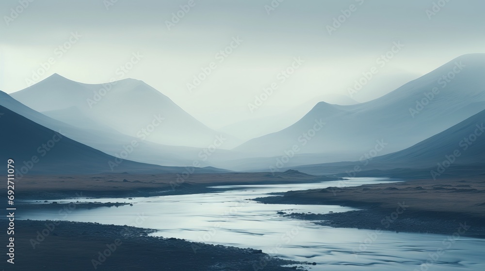 Fantasy alien planet. Mountain and lake. 3D render illustration Generative AI