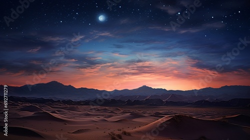 Moonlit desert dunes with a palette of cool colors under a star-studded sky