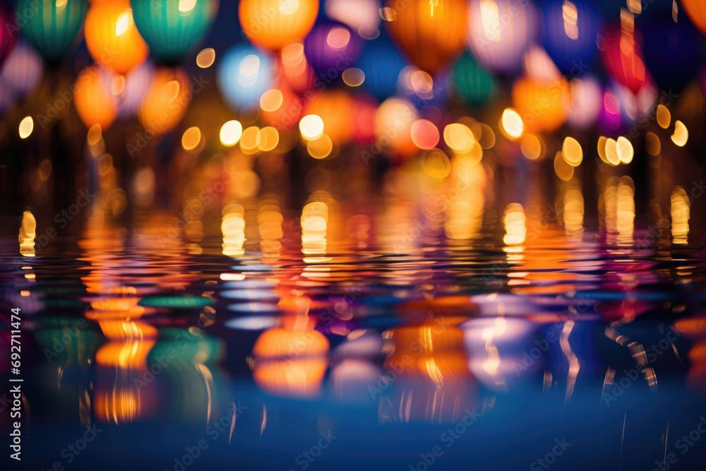 Reflection in the water of balloons taking off, illuminated by lights against the night sky Reflection in the water of balloons taking off, illuminated by lights against the night sky
