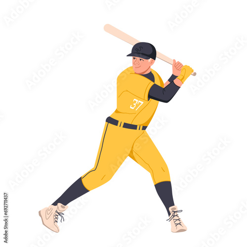 A male baseball player with a baseball bat on a white background. Sportsman. A team game, hitting the ball. An American sports game. Flat vector illustration