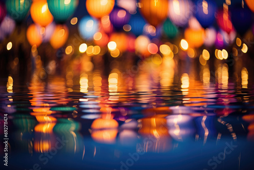 Reflection in the water of balloons taking off  illuminated by lights against the night sky