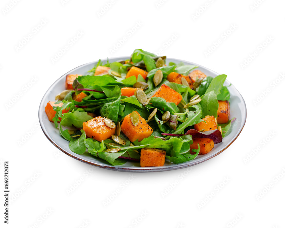 Pumpkin Salad with Arugula and Pumpkin Seeds, Salad Mix with Roasted Pumpkin, Fresh Vegan Autumn Salad, White Background