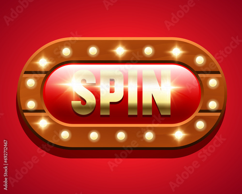 Spin button. Red button in a wooden frame. Button for online casino. Vector clipart